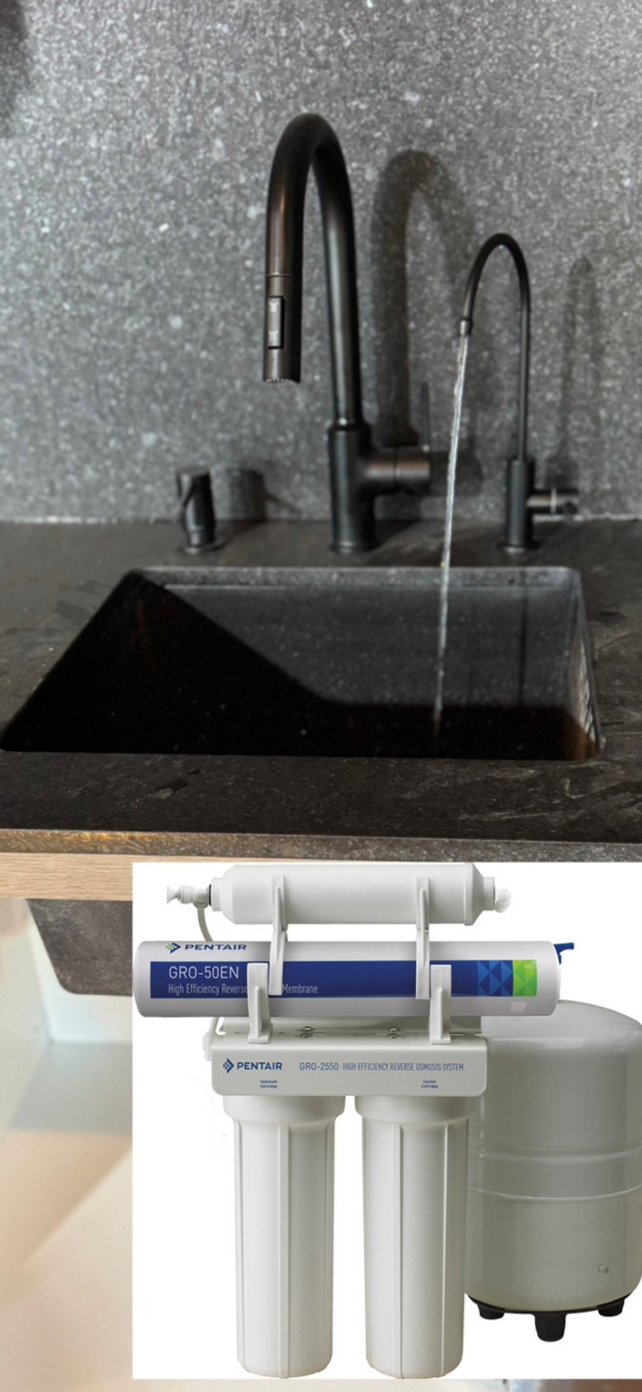 Installation d’un système d’osmose inverse sous comptoir avec robinet d’eau osmosée.