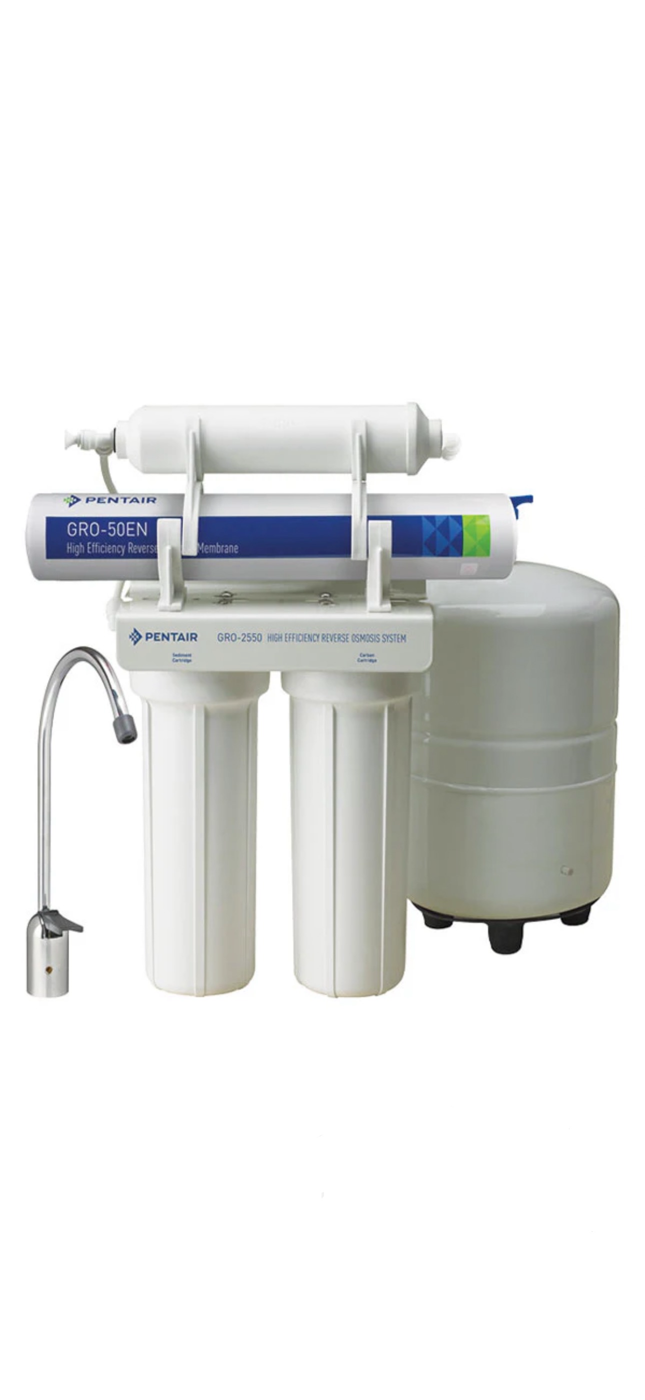 Système d’osmose inverse Pentair GRO-50 avec réservoir et robinet dédié.
