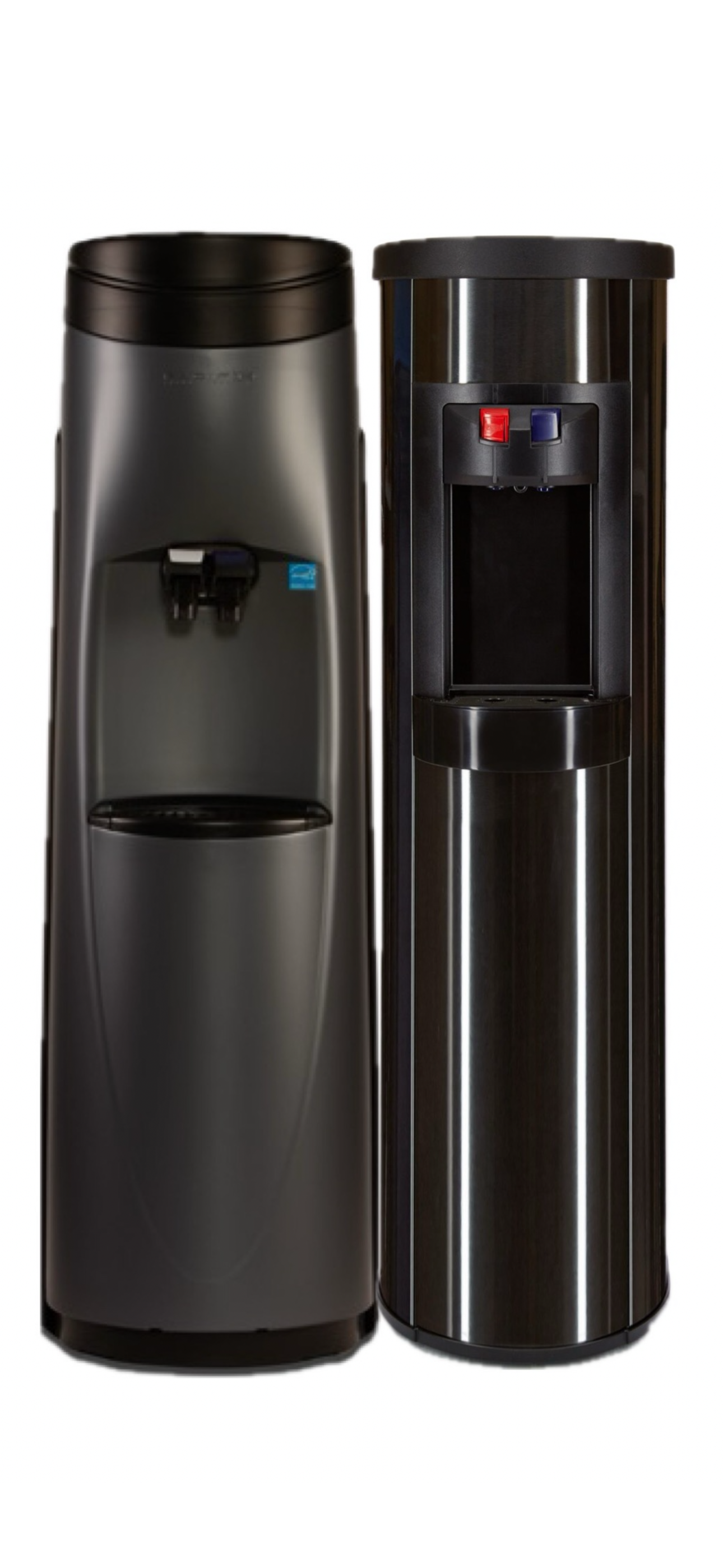 Deux refroidisseurs d’eau sans bouteille, modèles haute performance, pour la distribution d’eau froide et chaude.